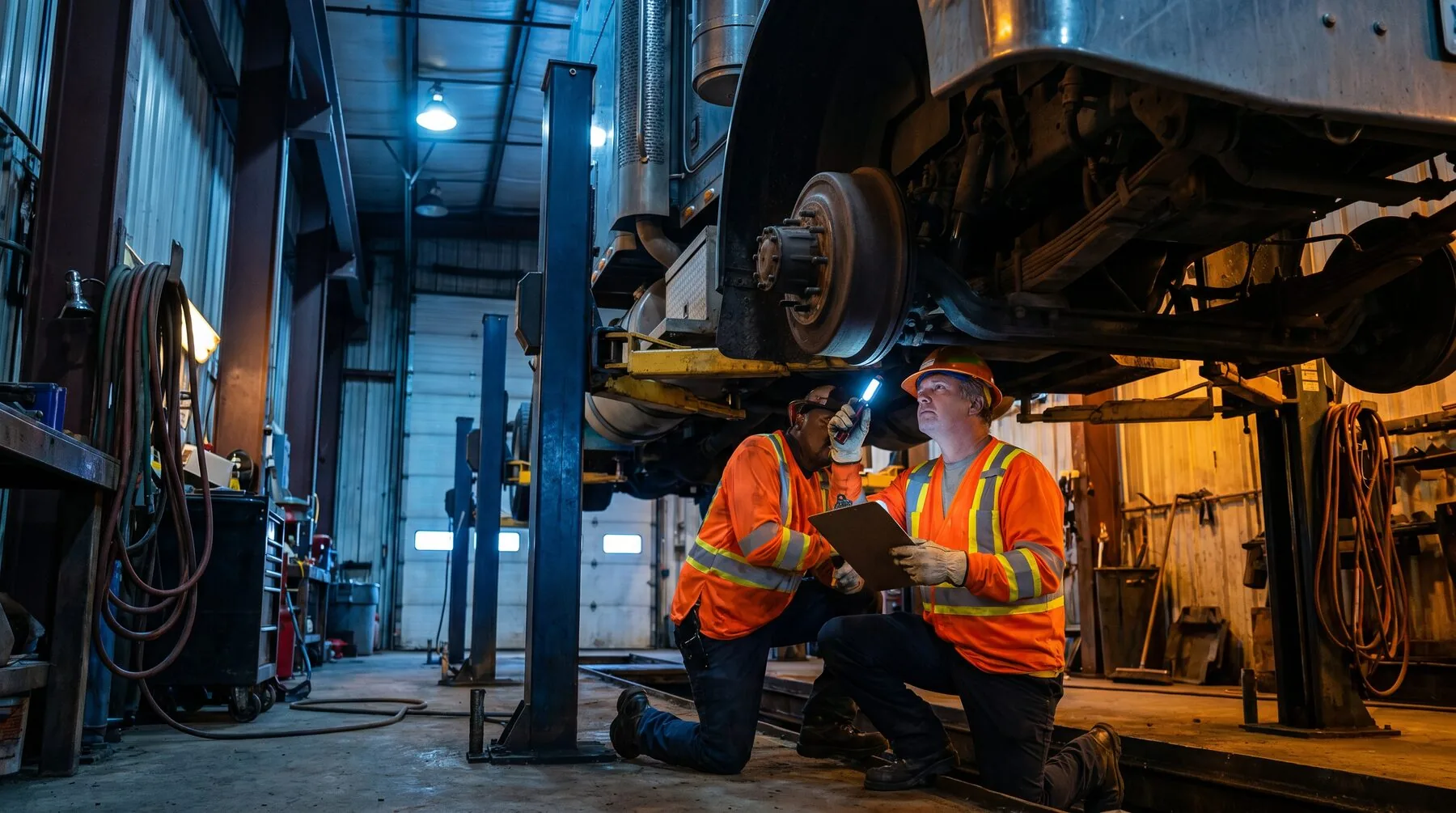Two inspectors in reflective safety vests checking the brakes and undercarriage of a semi truck on a lift