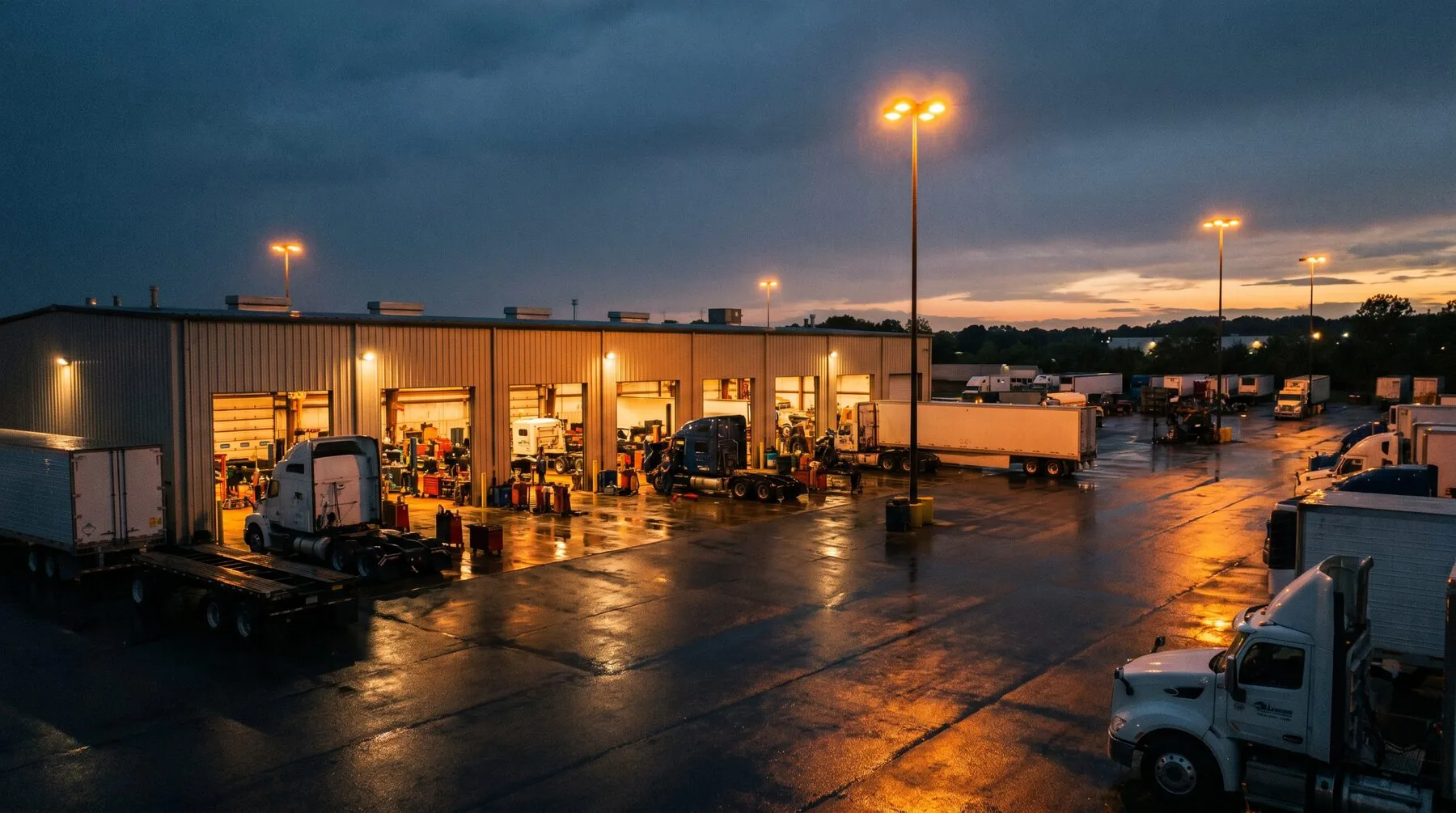 RT Group truck and trailer repair yard at dusk with open service bays and semi trucks