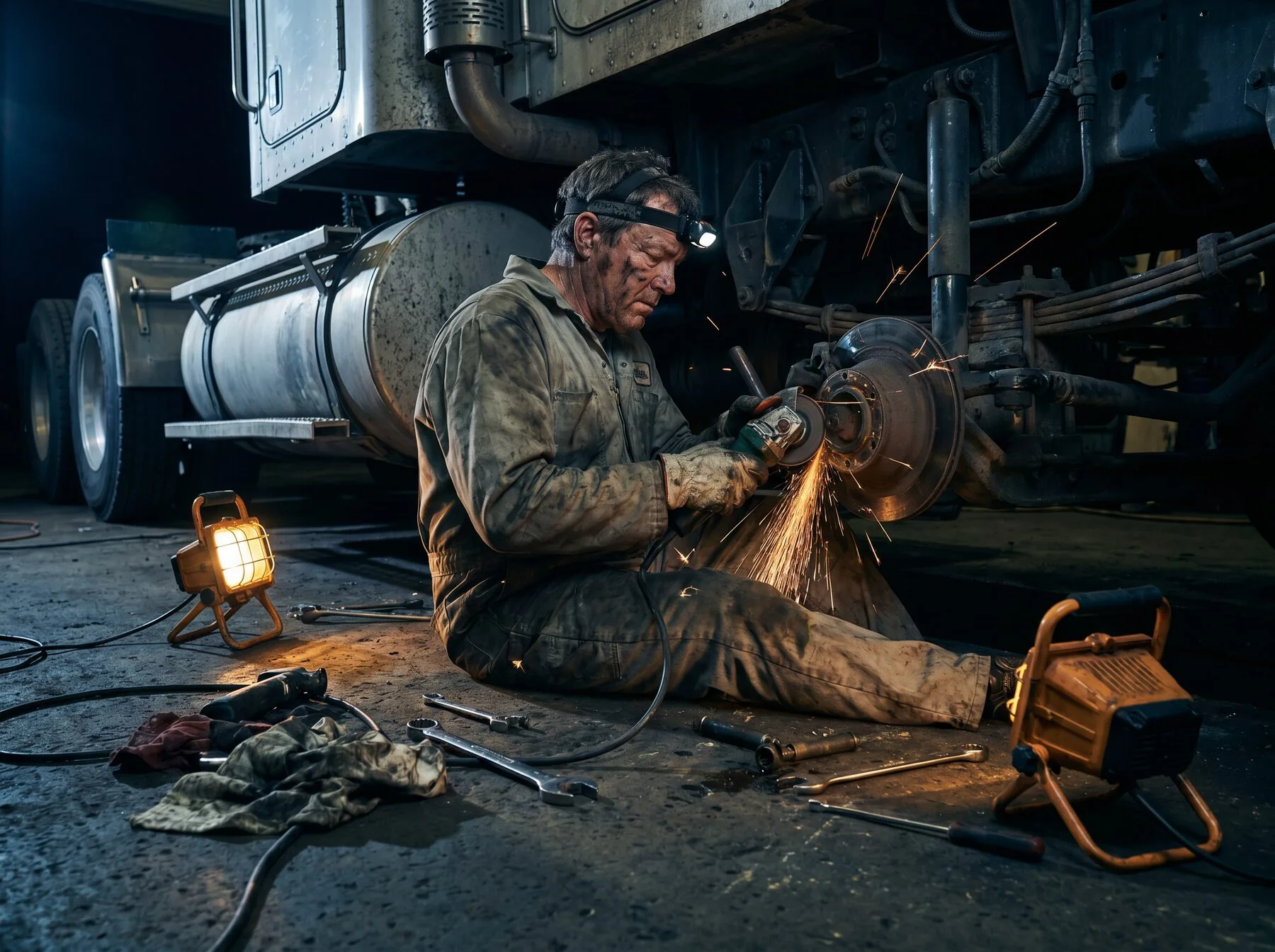 Diesel mechanic running computer diagnostics on a semi truck engine at night at RT Group