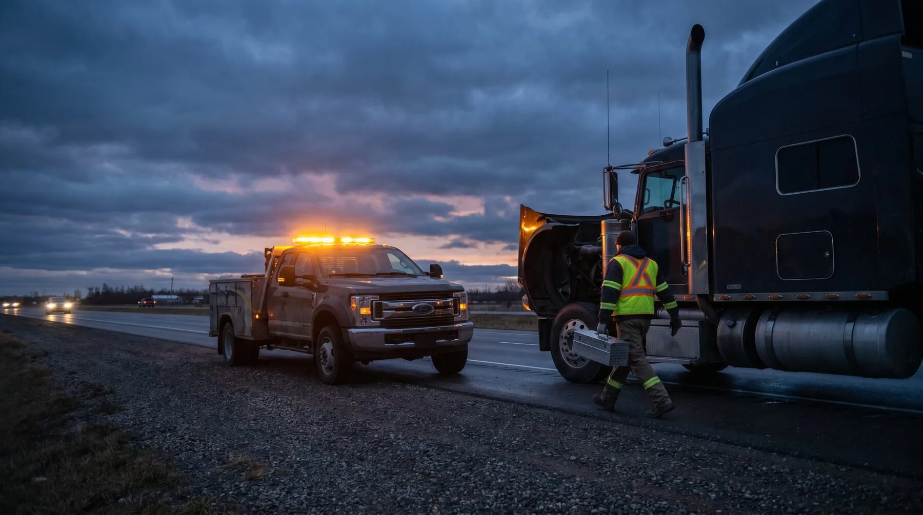 Mobile roadside repair truck with amber emergency lights parked behind a broken-down semi truck on the highway shoulder at dusk