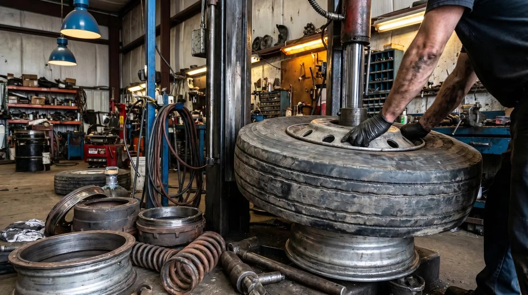 Technician mounting a large commercial semi truck tire with heavy-duty tire changing equipment