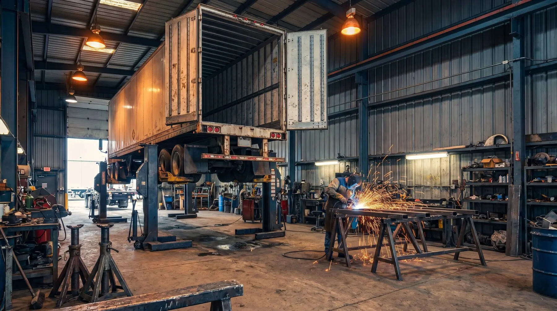 Welder performing structural repair on a semi trailer frame with visible welding sparks at RT Group